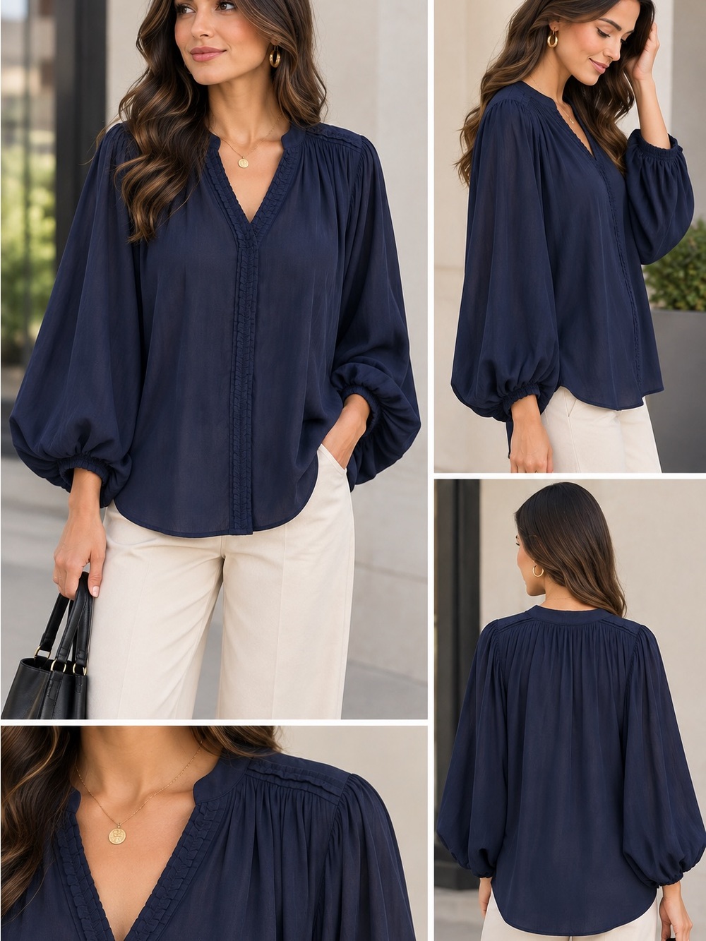 Chico's Deep Navy V-Neck Balloon-Sleeve Blouse